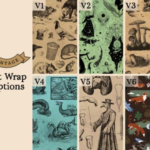 May include: Six distinct gift wrap patterns labeled V1 through V6. V1 features urban wildlife on tan paper. V2 shows occult symbols on green. V3 displays mushrooms and frogs on tan. V4 depicts sea monsters on blue. V5 shows medical illustrations on tan. V6 features foxes on dark brown.