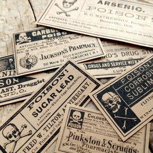 A scene showing antique reproduction label stickers from the Poison Bottle Labels sticker pack. The stickers are printed with blank ink on light brown kraft paper and are rectangular. Labels for formaldehyde, arsenic, sugar lead, strychnine, carbolic acid, corrosive sublimate and chloroform liniment are shown lying on a rustic wood surface.