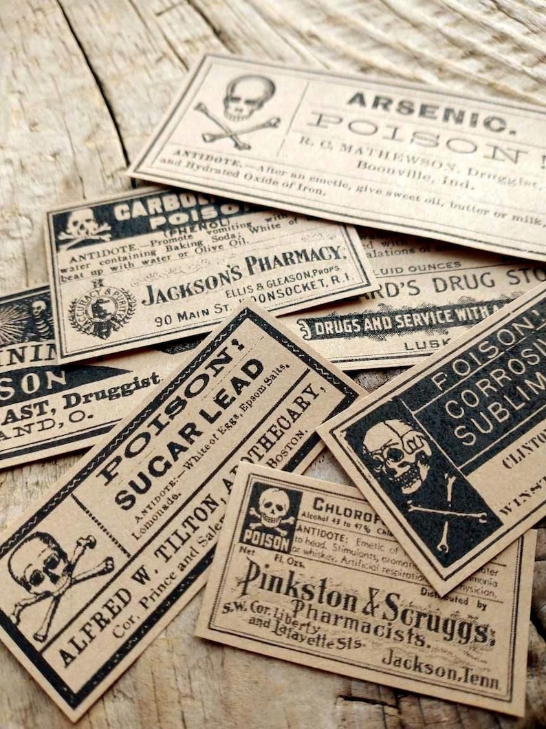 A scene showing antique reproduction label stickers from the Poison Bottle Labels sticker pack. The stickers are printed with blank ink on light brown kraft paper and are rectangular. Labels for formaldehyde, arsenic, sugar lead, strychnine, carbolic acid, corrosive sublimate and chloroform liniment are shown lying on a rustic wood surface.