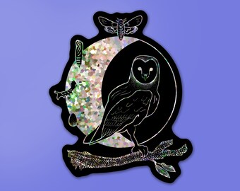 Owl and Deathshead Moth Glitter Sticker - Nature Moon Witchy Vinyl Sticker