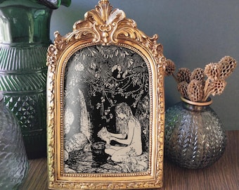 Dryad Framed Art - Vintage Nature Witch Home Decor in Gold Arch Frame 7.5"