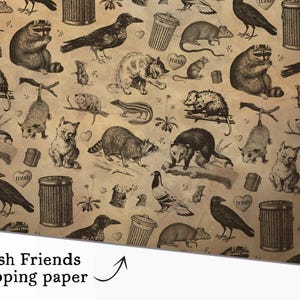 May include: Wrapping paper with a repeating pattern of black ink illustrations on a tan background. The design features raccoons, opossums, rats, cats, crows, pigeons, trash cans, and heart-shaped icons with the word trash printed inside.
