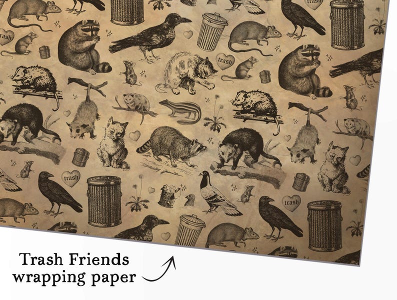 May include: Wrapping paper with a repeating pattern of black ink illustrations on a tan background. The design features raccoons, opossums, rats, cats, crows, pigeons, trash cans, and heart-shaped icons with the word trash printed inside.