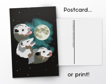 Three Possum Moon Postcard / Print - Funny Opossum Gift Card / Wall Art - 4 x 6"