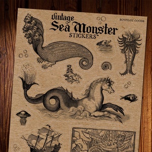 Stickers monstre marin - 11 stickers botaniques vintage sur feuille de papier kraft 5,5 x 8,5