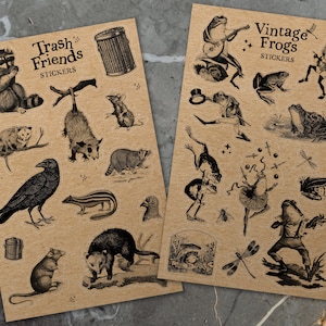 Frogs and Trash Friends Vintage Sticker 2-Pack - Opossum, Raccoon, Crow, Rat and Frog Kraft Paper Sticker Sheets