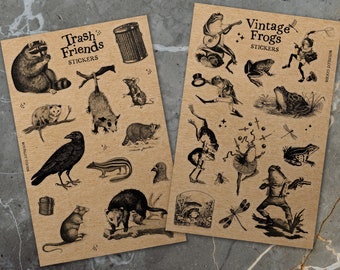 Frogs and Trash Friends Vintage Sticker 2-Pack - Opossum, Raccoon, Crow, Rat and Frog Kraft Paper Sticker Sheets