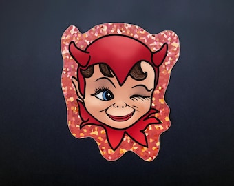 Süßer Teufel Aufkleber - Vintage Dämon Roter Glitzer Aufkleber - 7,5 cm