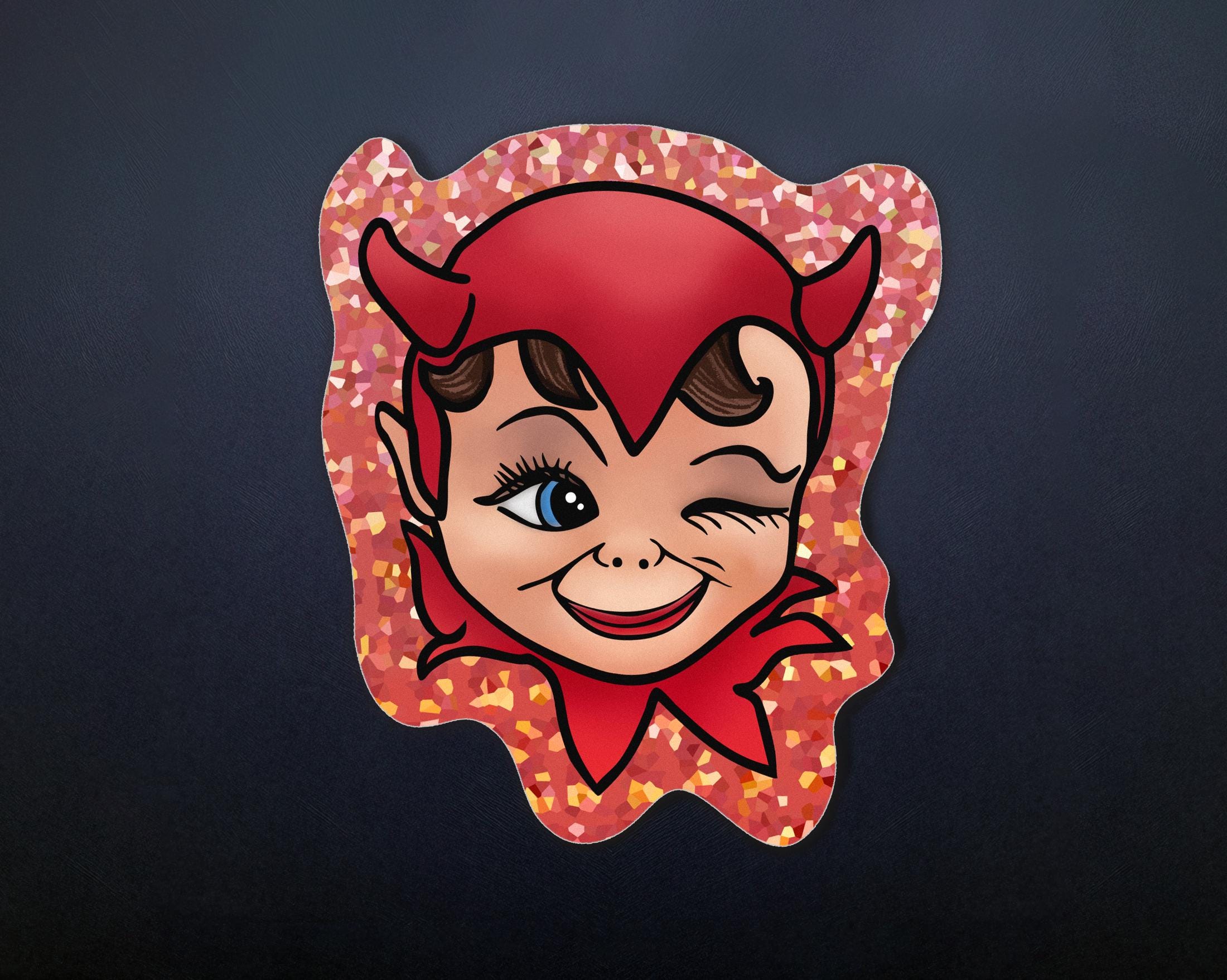 Cute Devil Sticker - Vintage Demon Red Glitter Decal - 2.7