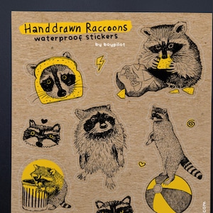 Puede incluir: Una hoja de pegatinas impermeables de mapaches dibujadas a mano. Las pegatinas presentan varias ilustraciones de mapaches, incluyendo uno con un disfraz de pan y otro comiendo patatas fritas. El texto "Handdrawn Raccoons" y "waterproof stickers" es visible.