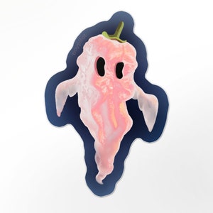 May include: A pink ghost pepper with a green stem, shaped like a ghost, with a dark blue background.