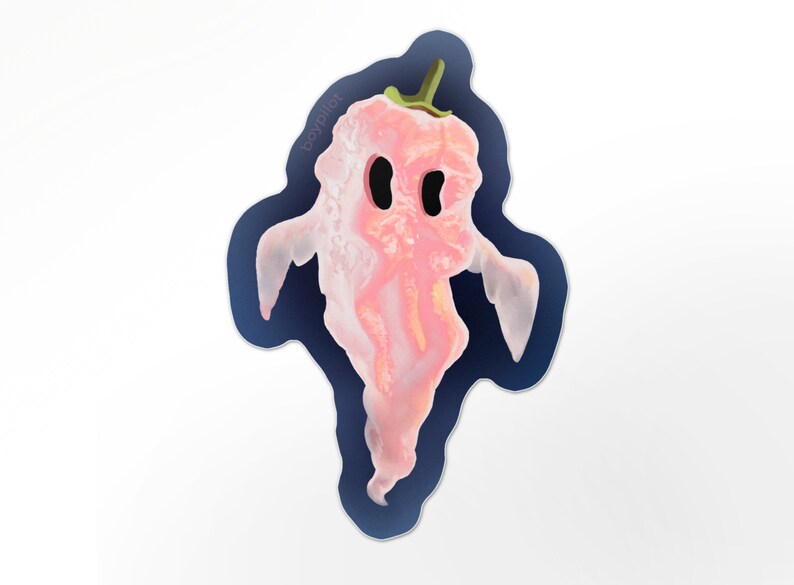 May include: A pink ghost pepper with a green stem, shaped like a ghost, with a dark blue background.