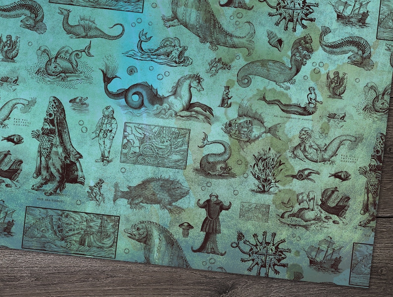 May include: A teal and blue patterned fabric featuring vintage illustrations of sea creatures, mermaids, and nautical elements. The design includes various sea monsters, ships, and underwater scenes, creating a whimsical and historical aesthetic.