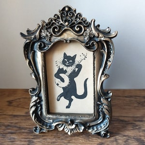 Vintage Cat Illustration in Baroque Frame - Vintage Art in Mini Fancy Frame