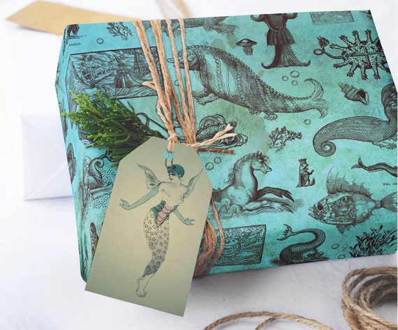 Antique Sea Monster Wrapping Paper - Spooky Weird Sea Creature Blue Gift Wrap