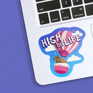 May include: A sticker featuring a cartoon capybara riding in a hot air balloon with the text "High on Life". The balloon is pink and white with a blue sky and clouds in the background.