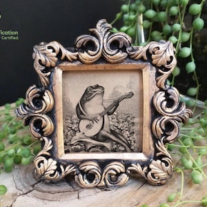 Frog Print in Baroque Frame - Cute Frog Playing Banjo Art in Mini Fancy Frame