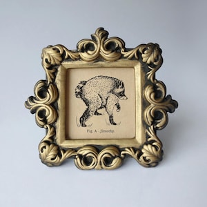 May include: A square picture frame with an ornate, gold-painted finish and dark recessed detailing. Inside the frame is a tan-colored print featuring a black ink illustration of a small, furry creature and the text, Fig. A Jimothy.