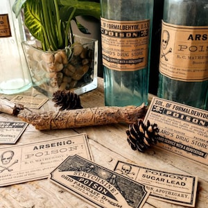 A scene showing antique reproduction label stickers from the Poison Bottle Labels sticker pack. The stickers are printed with blank ink on light brown kraft paper and are rectangular. Formaldehyde and arsenic stickers are shown on antique blue glass pharmacy bottles. Additional stickers such as sugar lead and strychnine are shown lying on a rustic wood surface.