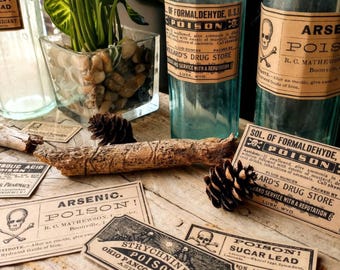 Etiquetas vintage para botellas de veneno - Paquete de pegatinas espeluznantes de boticario de brujas