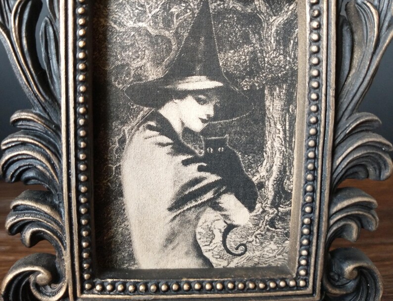 May include: A black and white image of a witch in a pointed hat holding a black cat. The image is framed in a black and gold ornate frame.