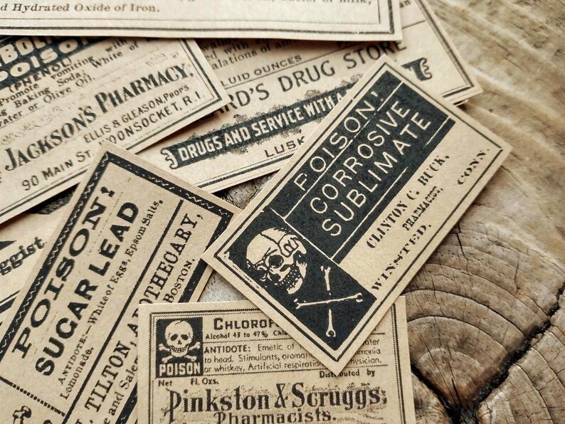 A scene showing antique reproduction label stickers from the Poison Bottle Labels sticker pack. The stickers are printed with blank ink on light brown kraft paper and are rectangular. Labels for formaldehyde, arsenic, sugar lead, strychnine, carbolic acid, corrosive sublimate and chloroform liniment are shown lying on a rustic wood surface.