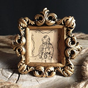 Deep Sea Diver Print in Baroque Frame - Vintage Style Ocean Curiousity Art in Mini Baroque Frame