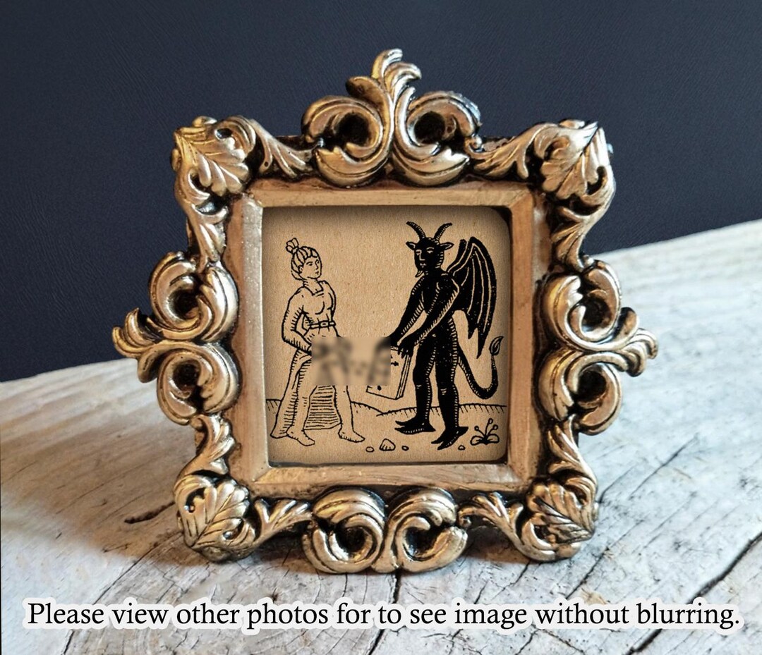 Devil Frame Devil & Witch Print in Baroque Gold Frame - Antique Woodcut ...