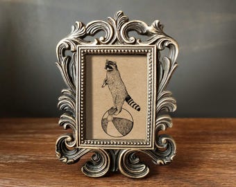 Raccoon on Ball Print: Funny Vintage Style Antique Art in Baroque Frame
