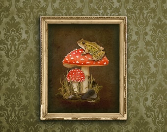 Leopard Frog Amanita Mushroom Print: Vintage Style Nature Art (Unframed)