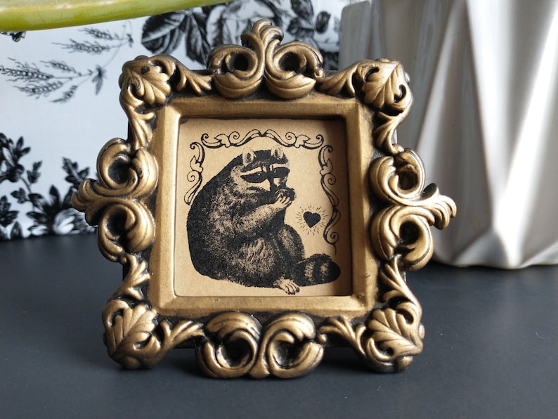Raccoon Print in Baroque Frame: Vintage Style Mini Art image 3