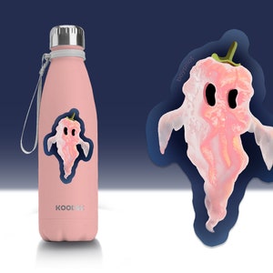 May include: Pink reusable water bottle with a white carrying strap and a sticker of a pink ghost pepper with a ghost face on it. The sticker says "boo!pilot". The bottle has the word "KOOL8S" printed on it.