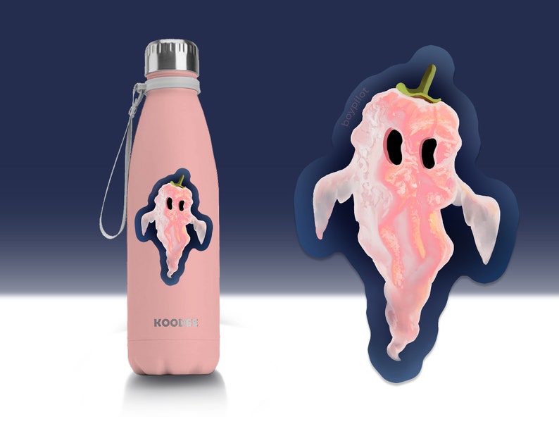 May include: Pink reusable water bottle with a white carrying strap and a sticker of a pink ghost pepper with a ghost face on it. The sticker says "boo!pilot". The bottle has the word "KOOL8S" printed on it.