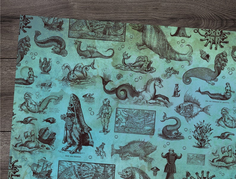 May include: A teal-colored paper with a vintage illustration of various sea creatures, including mermaids, sea serpents, and fish. The illustrations are in dark brown, creating a contrast against the teal background. The paper has a distressed, aged appearance.
