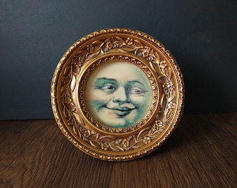 Moon Face Framed Print - Weird Vintage Print in Mini Round Baroque Gold Frame