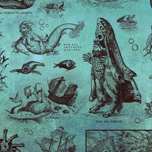 May include: A teal background with various vintage illustrations of sea creatures, including mermaids, fish, and a diver. The text "FIG. 12. - MERMAID OF AMBOYNA" and "THE SEA-BISHOP" are visible. The overall theme is nautical and antique.