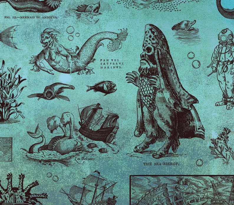 May include: A teal background with various vintage illustrations of sea creatures, including mermaids, fish, and a diver. The text "FIG. 12. - MERMAID OF AMBOYNA" and "THE SEA-BISHOP" are visible. The overall theme is nautical and antique.