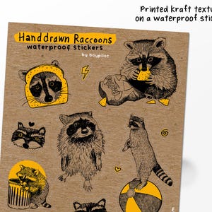 Puede incluir: Hoja de pegatinas impermeables de mapaches dibujados a mano. Las pegatinas presentan varias ilustraciones de mapaches, incluido uno con un sombrero de pan y otro comiendo patatas fritas. El texto "Handdrawn Raccoons" y "Printed kraft texture on a waterproof sticker!" son visibles.