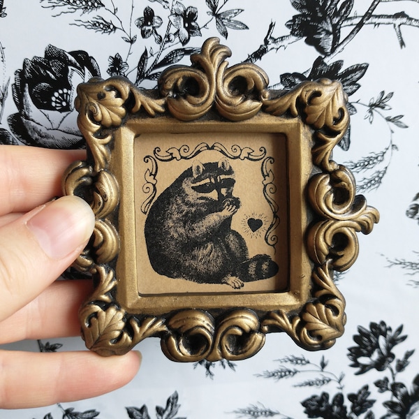 Raccoon Print in Baroque Frame - Vintage Style Art in Mini Baroque Frame