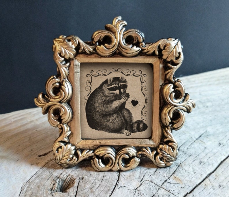 May include: An ornate picture frame in gold with a black and white illustration of a raccoon holding a heart. The raccoon is sitting on a light brown background.