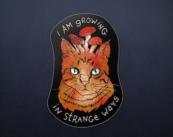 Sticker Mushroom Cat - 3" x 2" - Weird Fungi Ginger Cat Trippy Fungus Magic Amanita-vinylsticker
