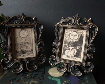 Vintage Tarot Print in Baroque Frame - Rider-Waite The Sun and The Moon Witchy Scrollwork Fancy Frames