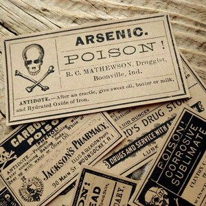 An antique reproduction of an arsenic poison warning label printed with black ink on brown kraft paper. It features a skull and crossbones.