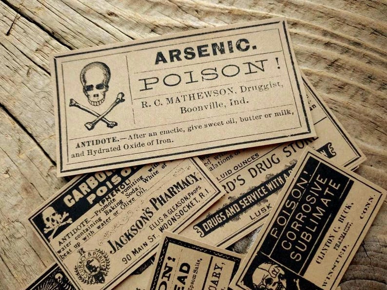 An antique reproduction of an arsenic poison warning label printed with black ink on brown kraft paper. It features a skull and crossbones.