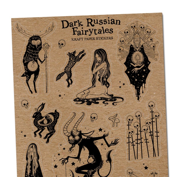 13 Dark Russian Fairytales Sticker Sheet - Kraft Paper Spooky Witchy Folklore Sticker Set