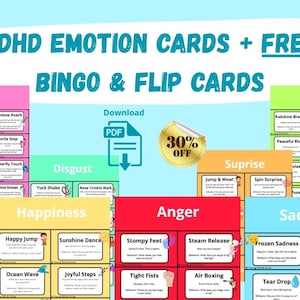 ADHD Printable Cards Activities for Kids – SEL Activities, Flashcards, Emotional Regulation, Movement Game, Bonus Bingo Flip Cards, Age 5-10