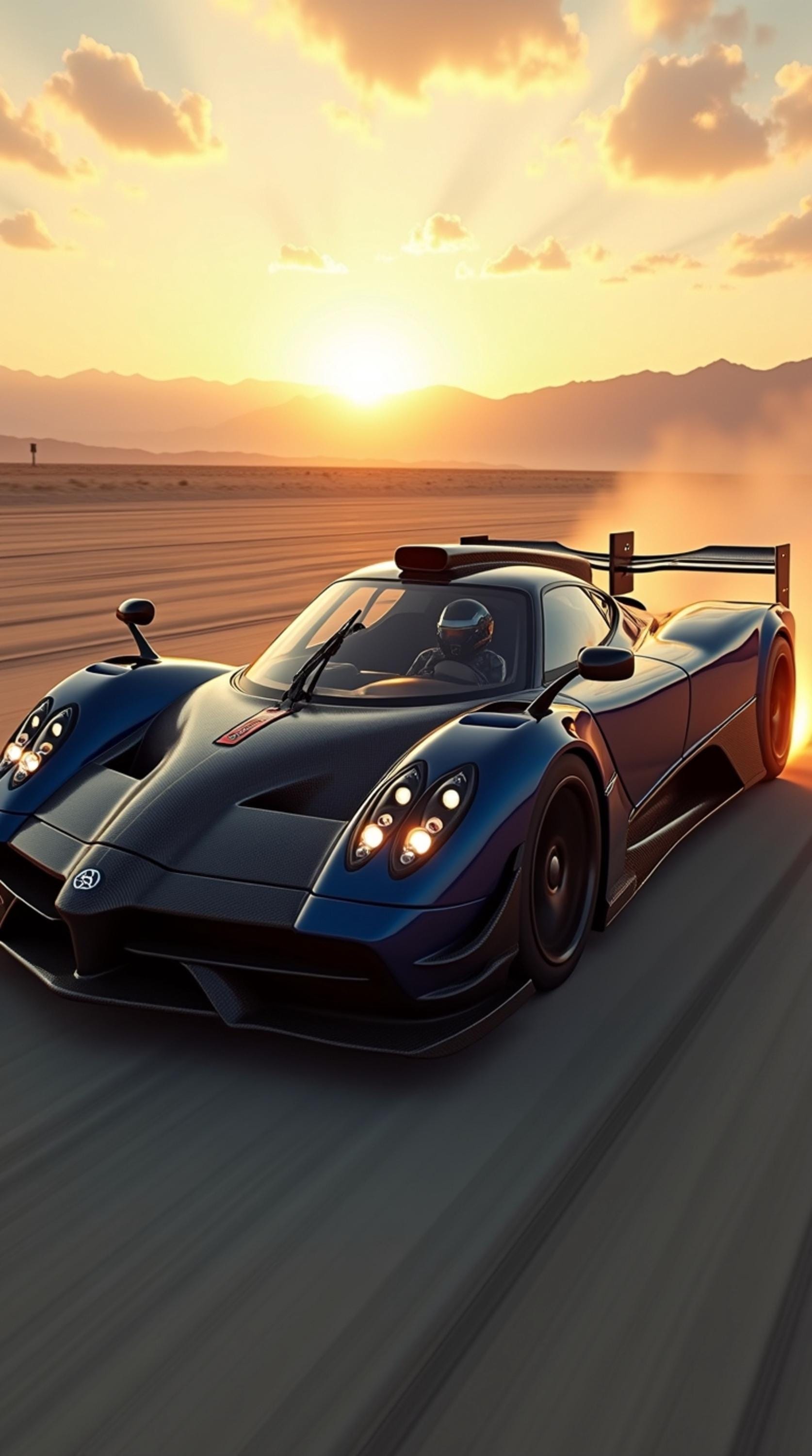 Pagani Huayra R racing across a dry