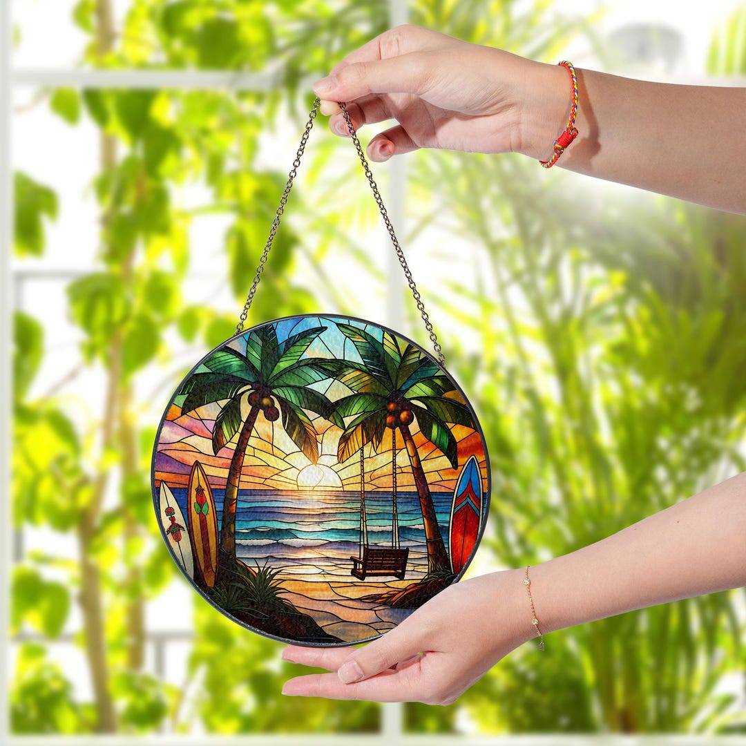 Tropical Sunset Stained Glass Suncatcher – Palm Tree Beach Swing Window ...