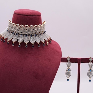 Luxe CZ diamanten choker ketting set| Bruidssieraden met oorbellen en tika | Sieraden bruiloftreceptie| Festivalkleding| Gratis expresverzending