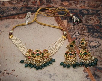 Royal Green Kundan Pearl Choker Necklace Set With Long Earrings/Traditional Bridal Jewelry/Rajasthani Indian Jewelry/Free Express Delivery